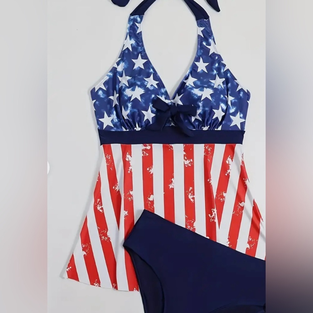 Plus Size American Flag Stars Stripes Swimdress Set